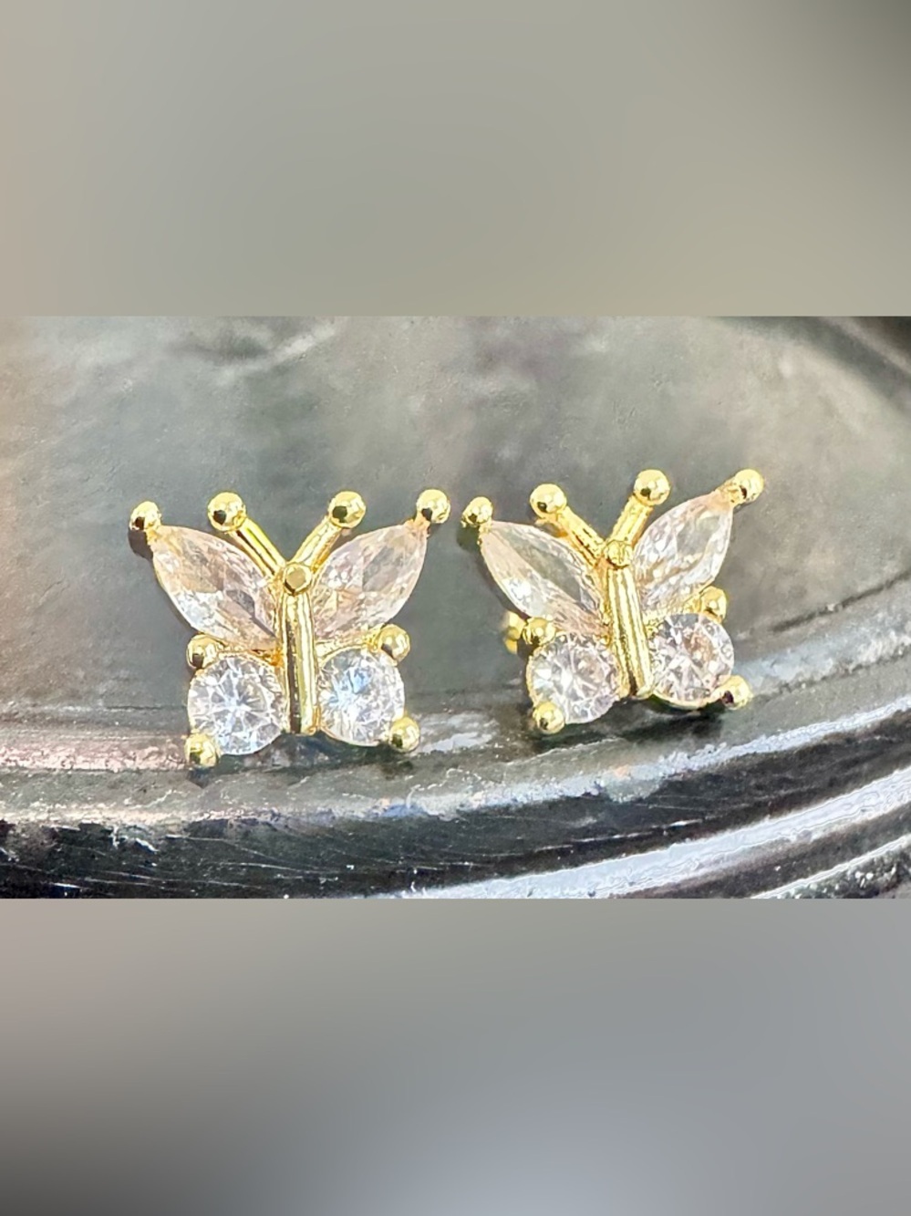 Gold Over Sterling Silver Crystal Butterfly Earrings - Picture 2 of 6